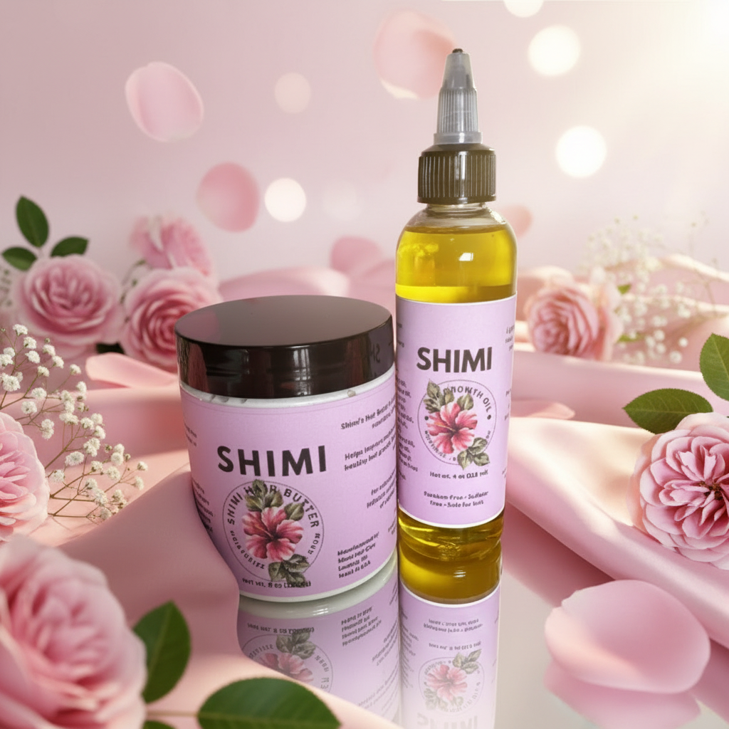 SHIMI product packaging including a jar and a bottle on a pink background